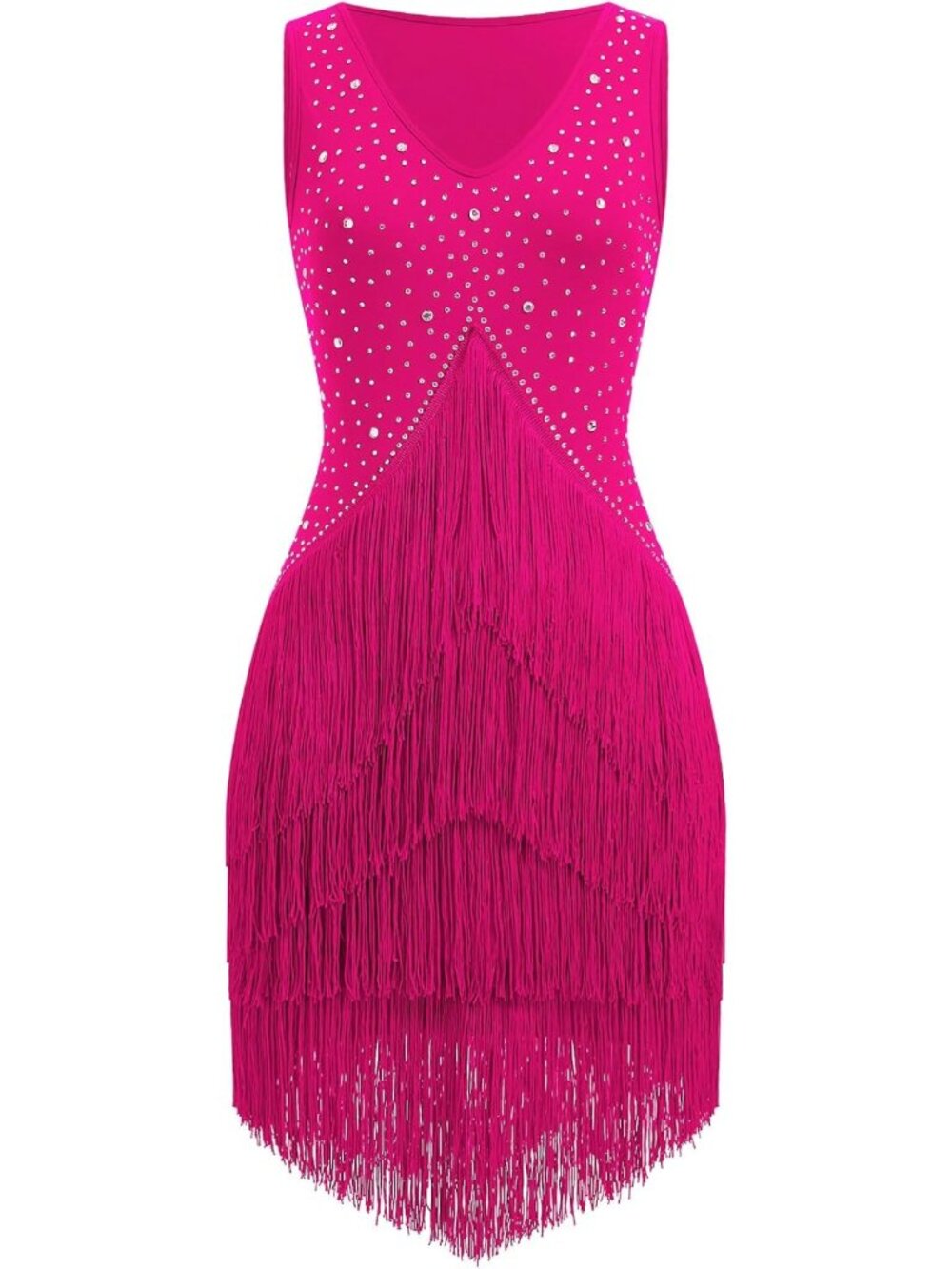 Hot Pink Rhinestone Fringe Tiered Latin Ballroom Dance Dress Flapper Sz M-L